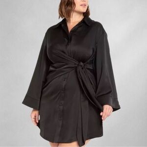 Eloquii Dress Size 18 Black Satin Kimono Sleeve Shirt Dress Tie Waist Button